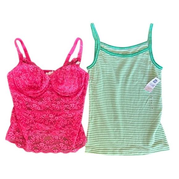 GAP Bundle – NWT – Pink Lace Cami & Green Striped Tank – Size L / 38C - Picture 1 of 8